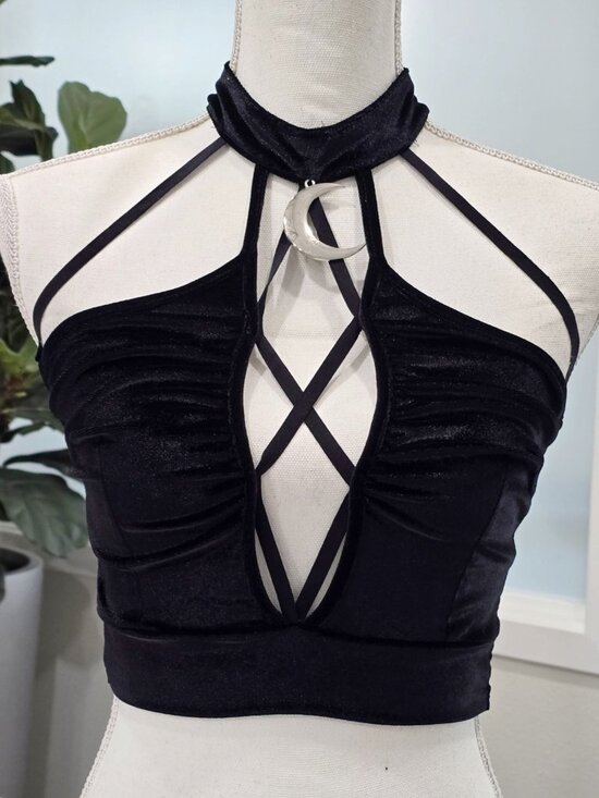 A Gothic Universe Tops - Velvet Halter Crop Top ✦ Gothic Black Strappy Deep‑Plunge ✦ Crescent Moon M NWT